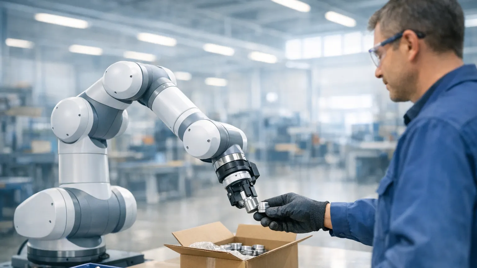 Collaborative robot arm without a safety cage passing a metal part to a factory worker beside a half-packed box