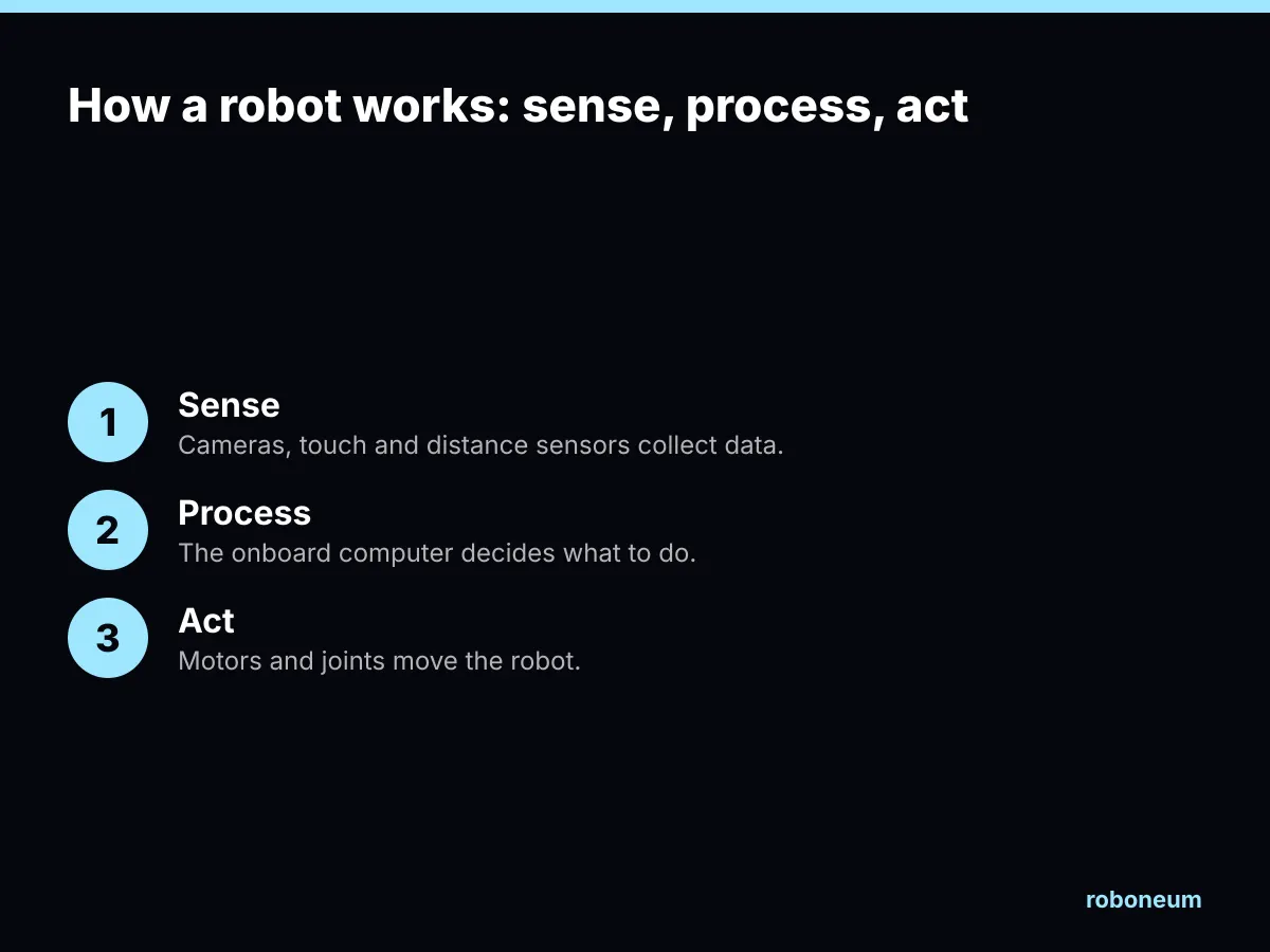 Diagram of how a robot works in three steps: sensors sense, the onboard computer processes, motors and joints act
